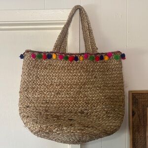 Shiraleah Natural Straw Tote with Multicolor Pom Poms